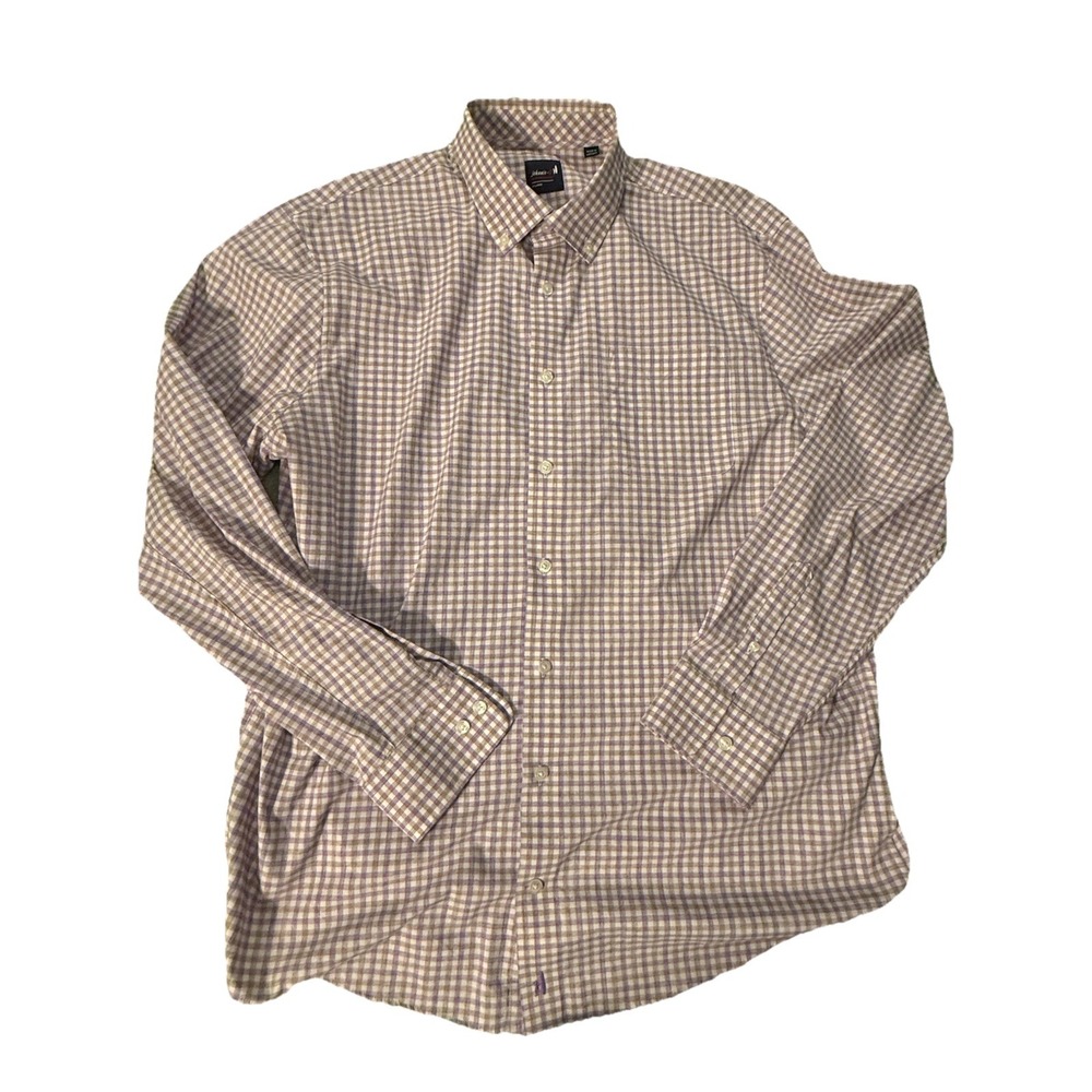 Mens Johnnie O Performance button diwn, purple / gold plaid, size XL